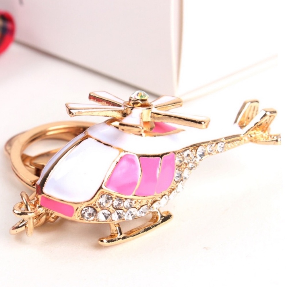 Whimsical Pink and White Crystal Helicopter Keychain Charm - Picture 1 of 16